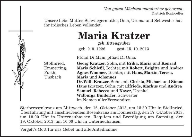 Traueranzeige Maria Kratzer