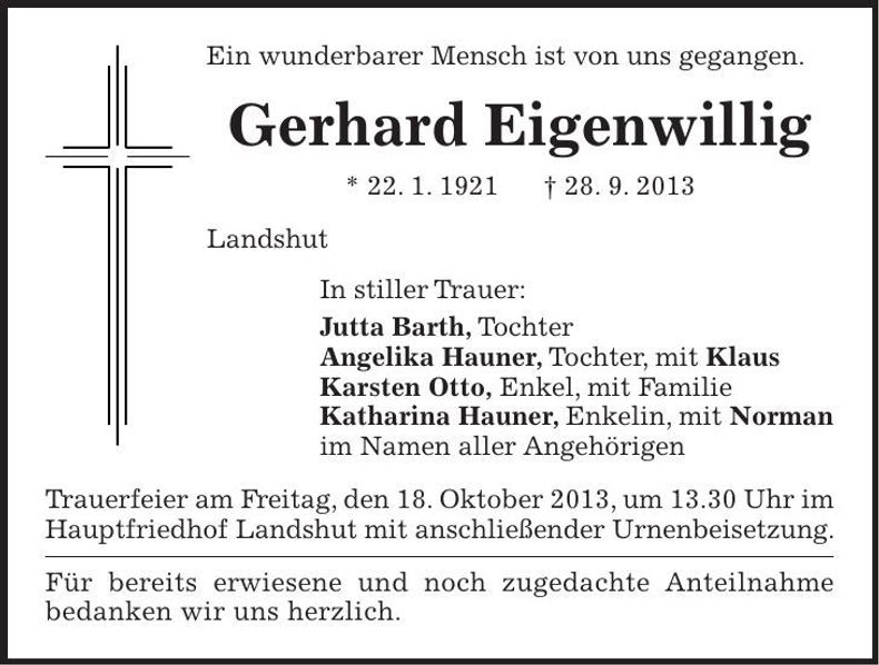 Traueranzeige Gerhard Eigenwillig