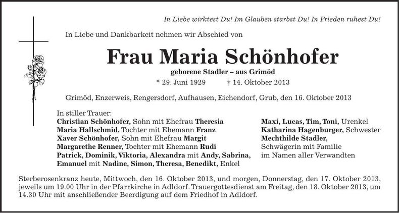 Traueranzeige Maria Schönhofer