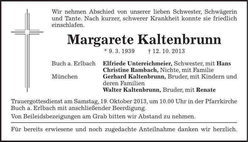 Traueranzeige Margarete Kaltenbrunn