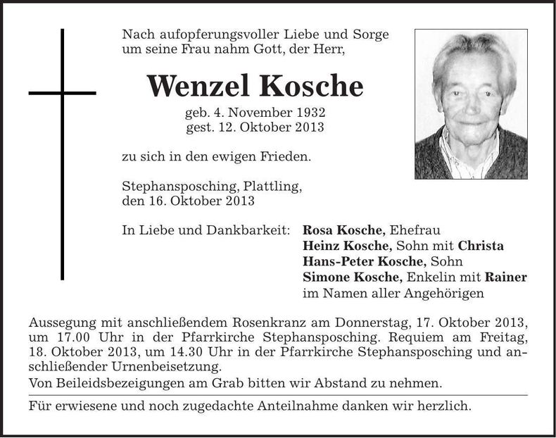 Traueranzeige Wenzel Kosche