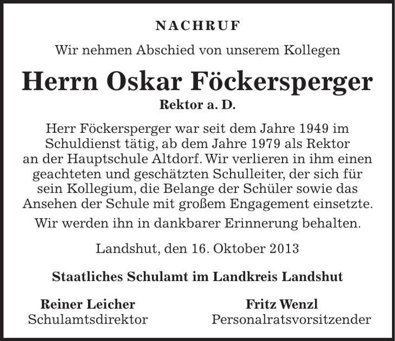 Traueranzeige Oskar Föckersperger
