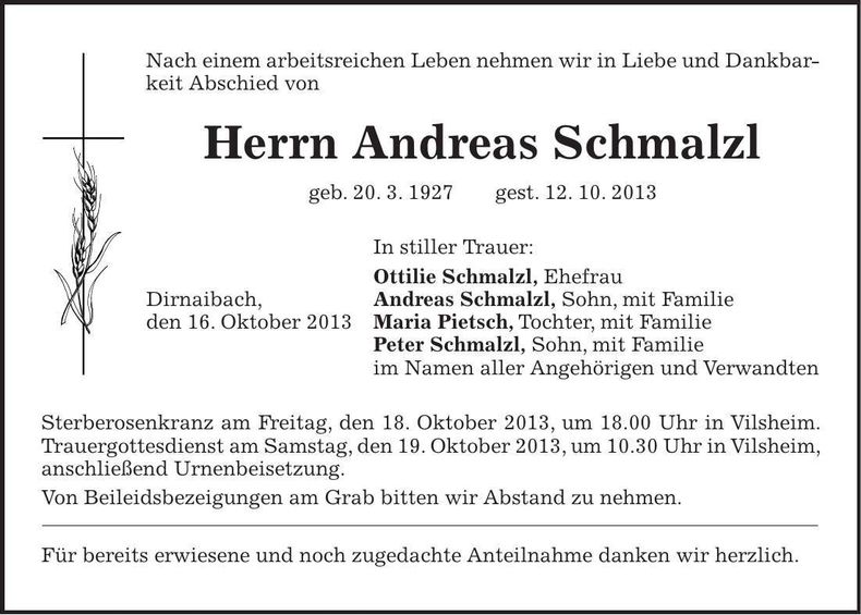 Traueranzeige Andreas Schmalzl
