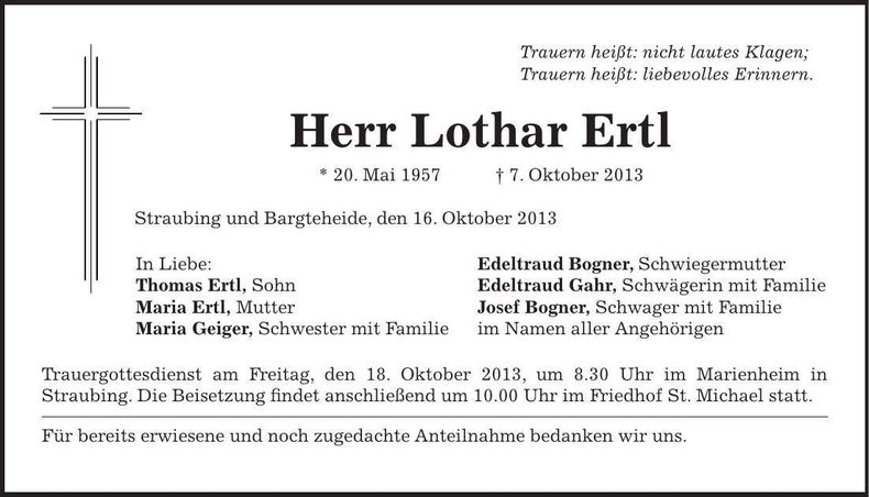 Traueranzeige Lothar Ertl