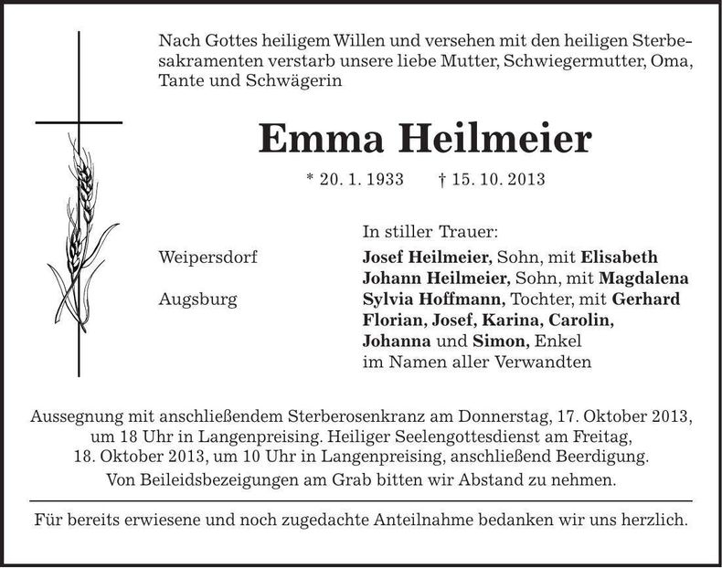 Traueranzeige Emma Heilmeier