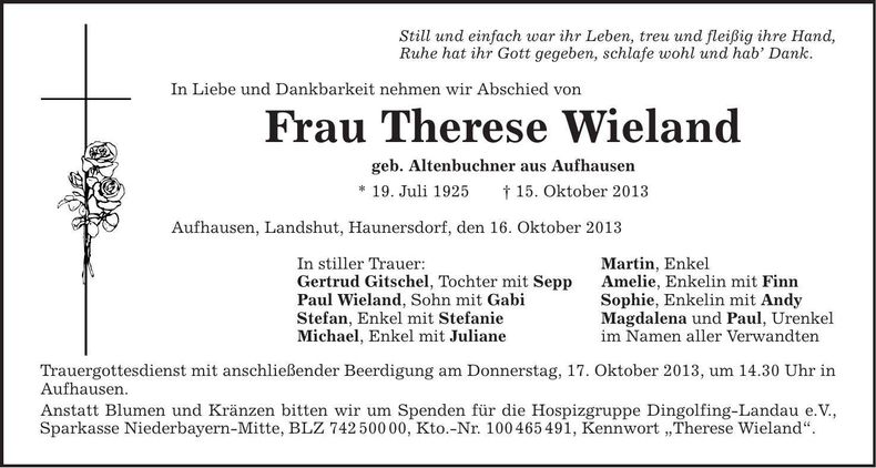 Traueranzeige Therese Wieland