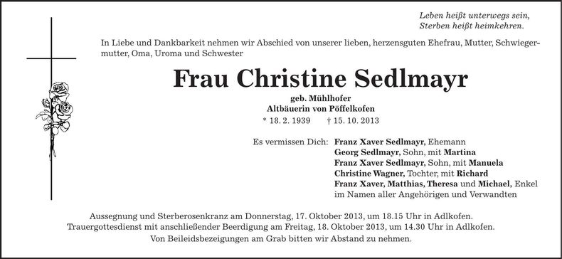 Traueranzeige Christine Sedlmayr