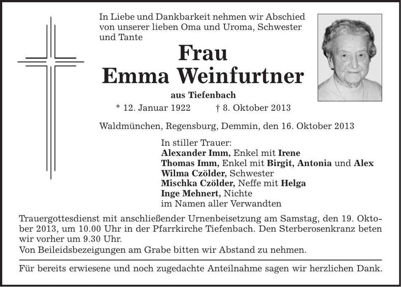 Traueranzeige Emma Weinfurtner