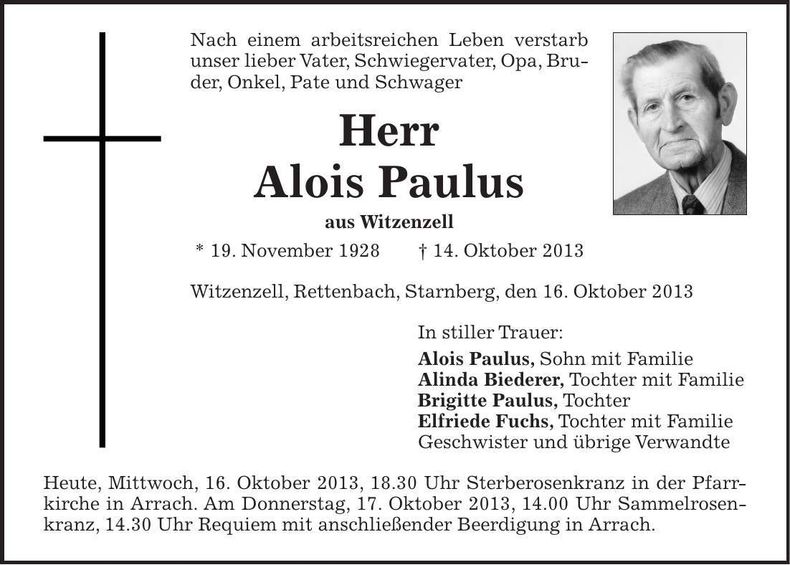 Traueranzeige Alois Paulus