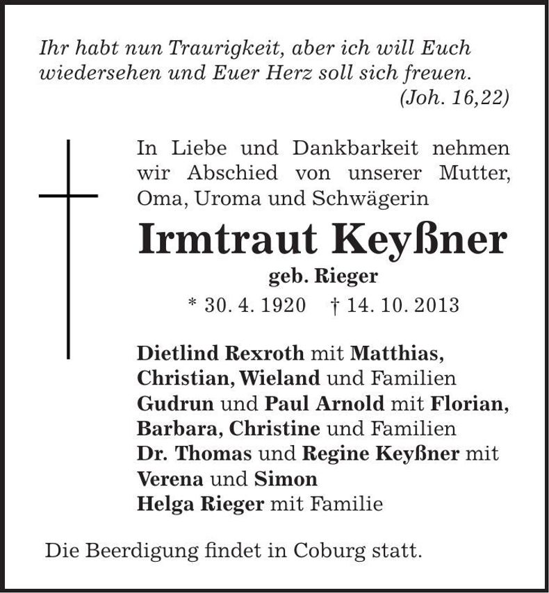 Traueranzeige Irmtraut Keyßner