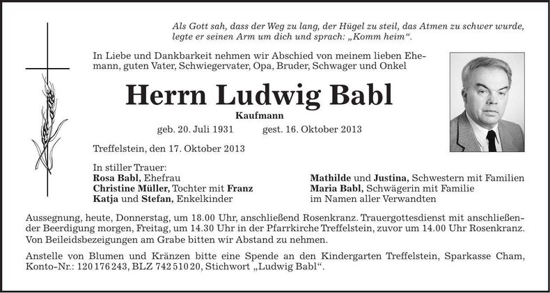 Traueranzeige Ludwig Babl