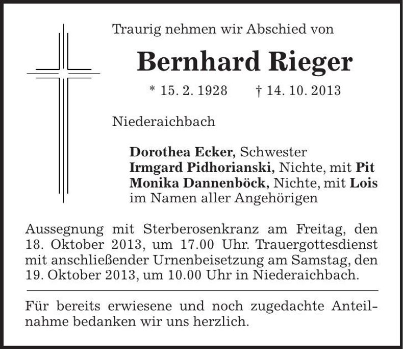 Traueranzeige Bernhard Rieger