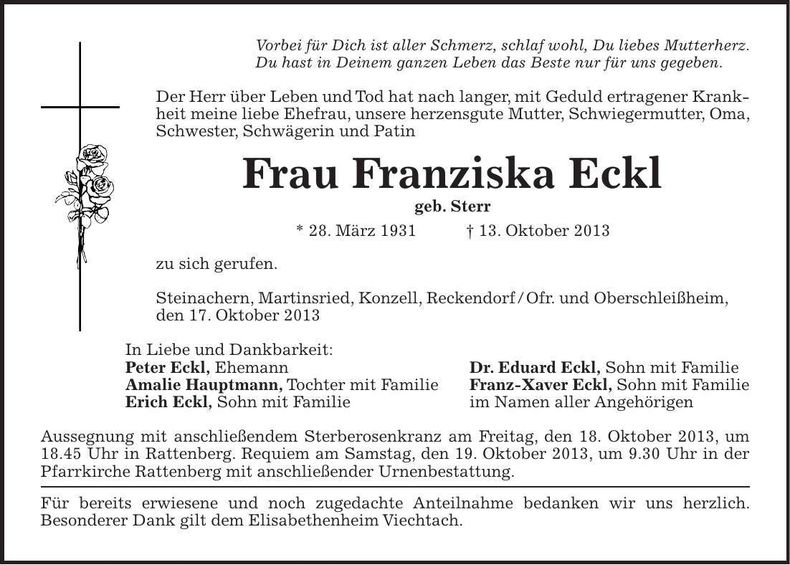 Traueranzeige Franziska Eckl