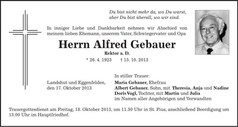 Traueranzeige Alfred Gebauer
