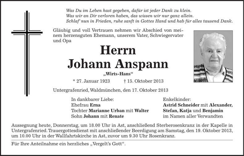 Traueranzeige Johann Anspann