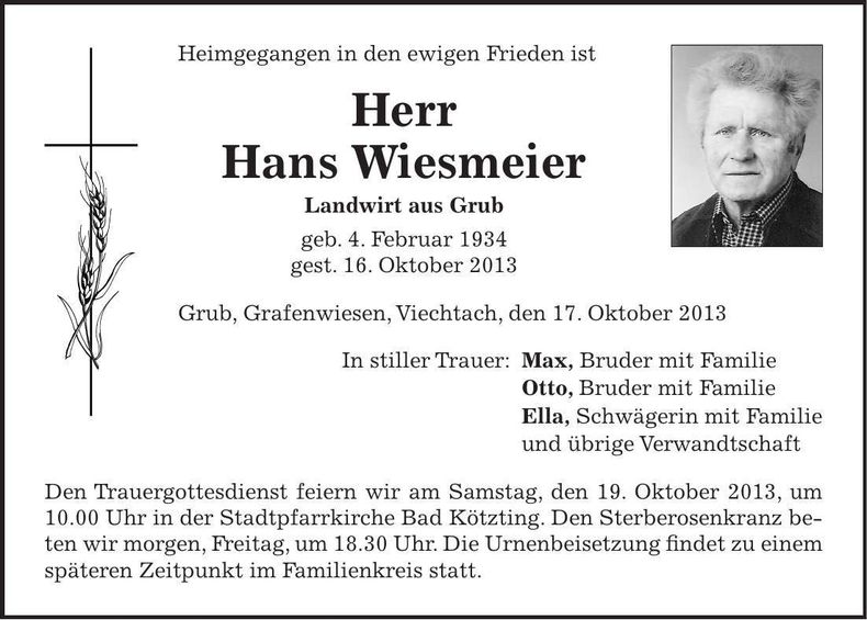 Traueranzeige Hans Wiesmeier