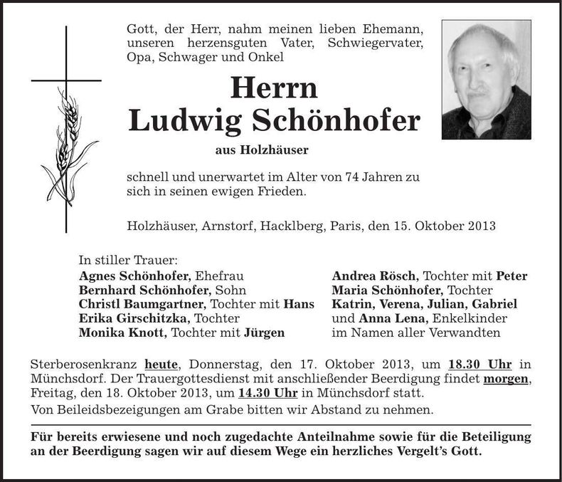 Traueranzeige Ludwig Schönhofer