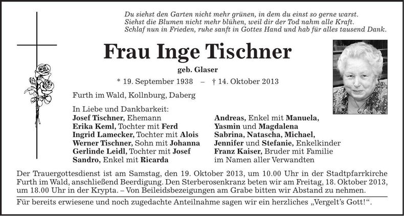 Traueranzeige Inge Tischner