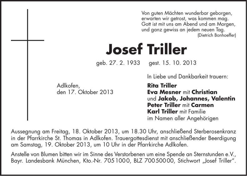 Traueranzeige Josef Triller