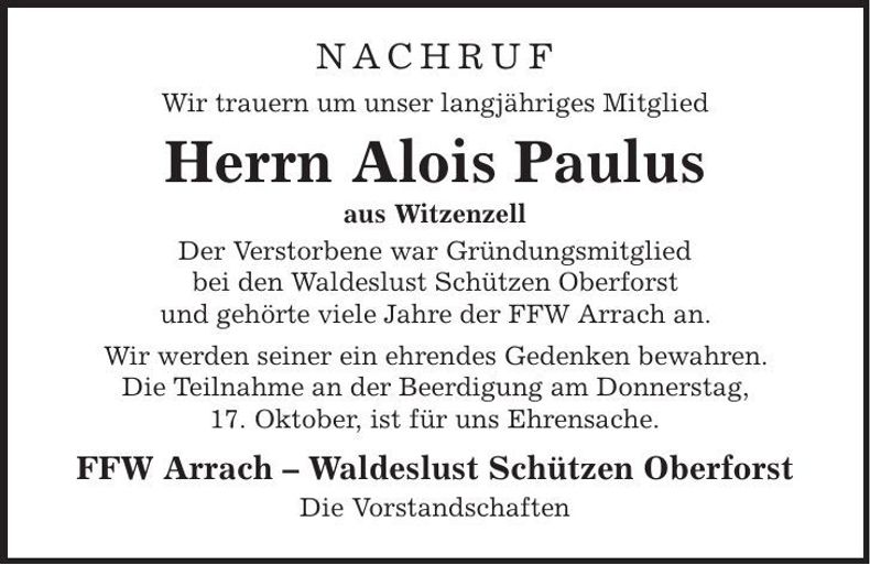 Traueranzeige Alois Paulus