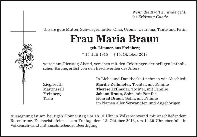 Traueranzeige Maria Braun