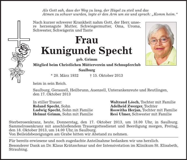 Traueranzeige Kundigunde Specht