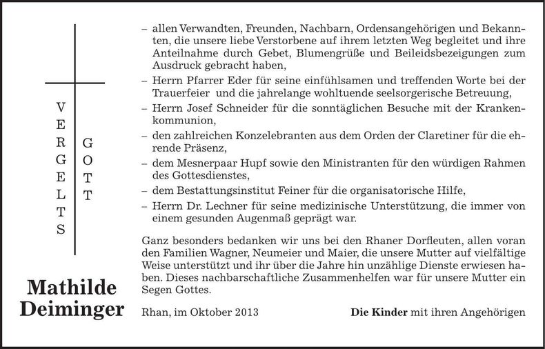 Traueranzeige Mathilde Deiminger
