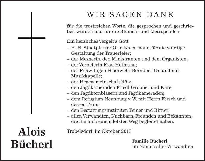 Traueranzeige Alois Bücherl