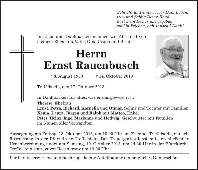 Traueranzeige Ernst Rauenbusch