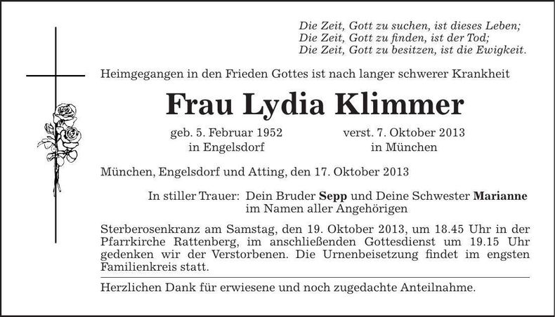 Traueranzeige Lydia Klimmer