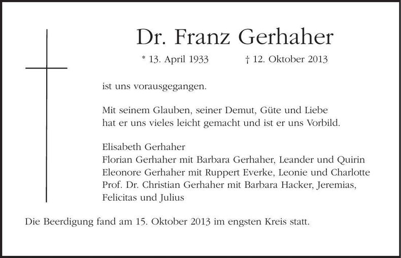 Traueranzeige Franz Gerhaher