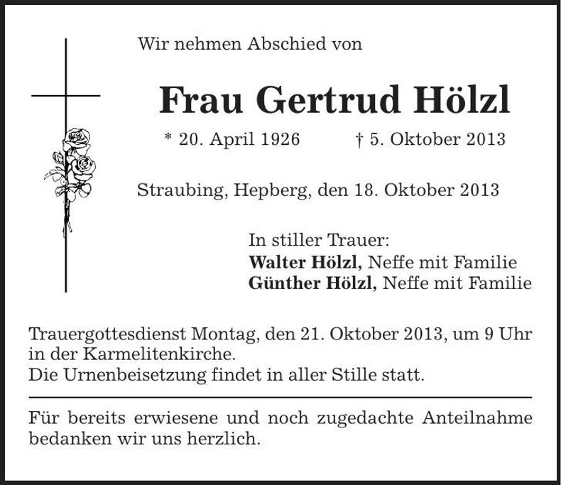 Traueranzeige Gertrud Hölzl