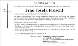 Traueranzeige Josefa Fröschl