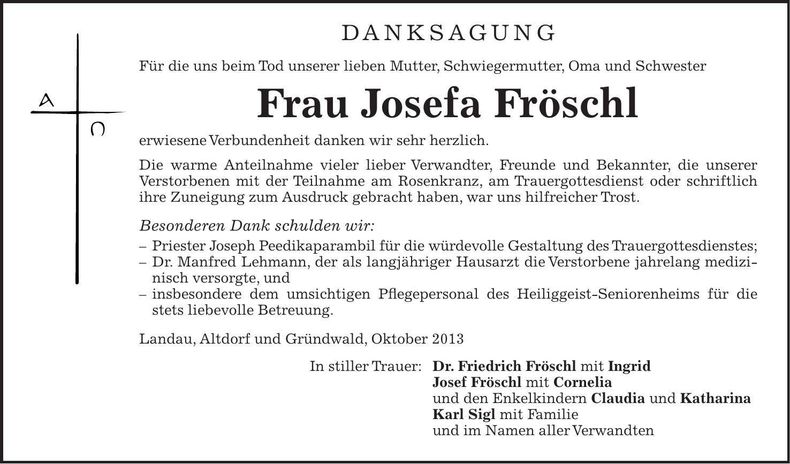 Traueranzeige Josefa Fröschl
