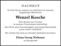 Traueranzeige Wenzel Kosche