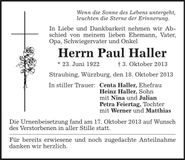 Traueranzeige Paul Haller