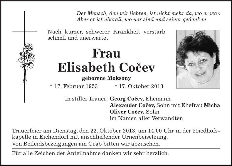 Traueranzeige Elisabeth Cocev
