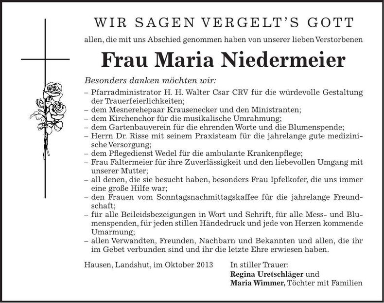 Traueranzeige Maria Niedermeier