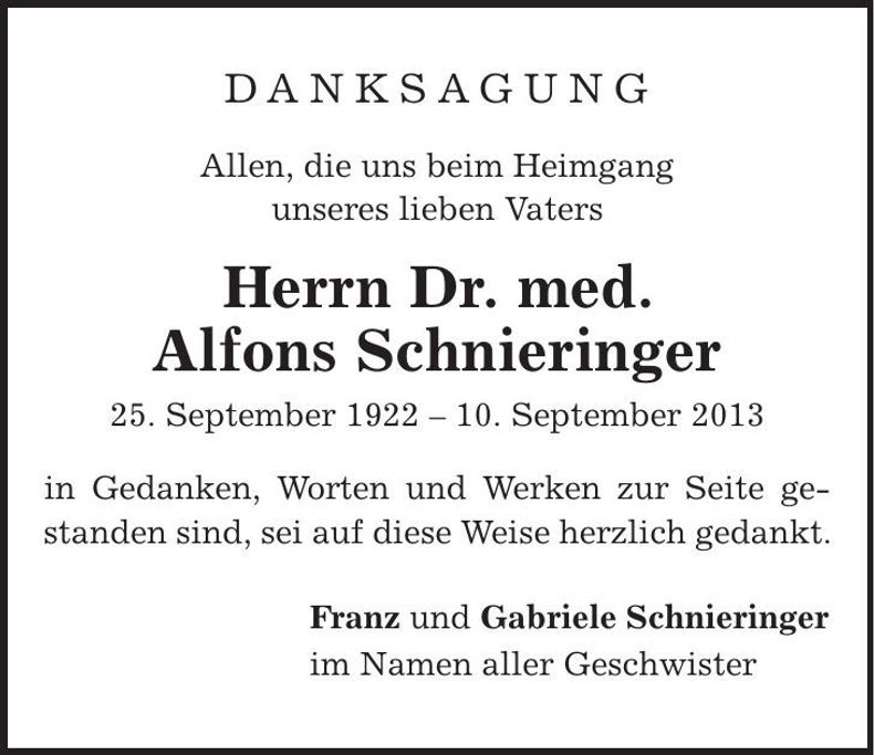 Traueranzeige Alfons Dr. Schnieringer