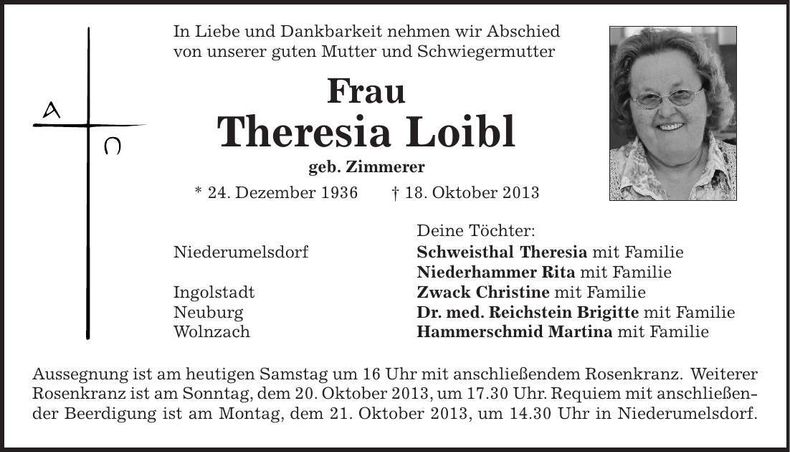 Traueranzeige Theresia Loibl