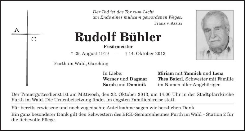 Traueranzeige Rudolf Bühler