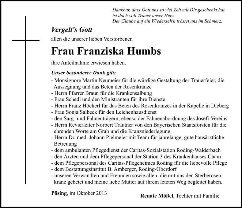 Traueranzeige Franziska Humbs