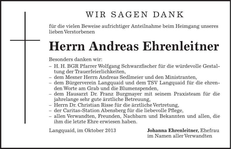 Traueranzeige Andreas Ehrenleitner