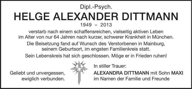 Traueranzeige Helge Alexander Dittmann