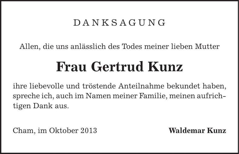 Traueranzeige Gertrud Kunz