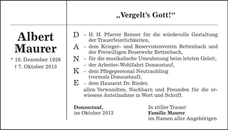 Traueranzeige Albert Maurer