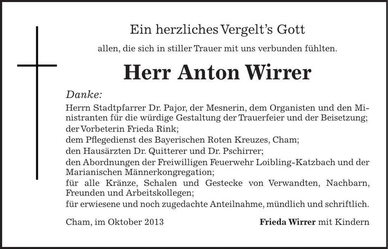 Traueranzeige Anton Wirrer