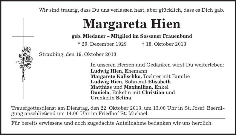Traueranzeige Margareta Hien