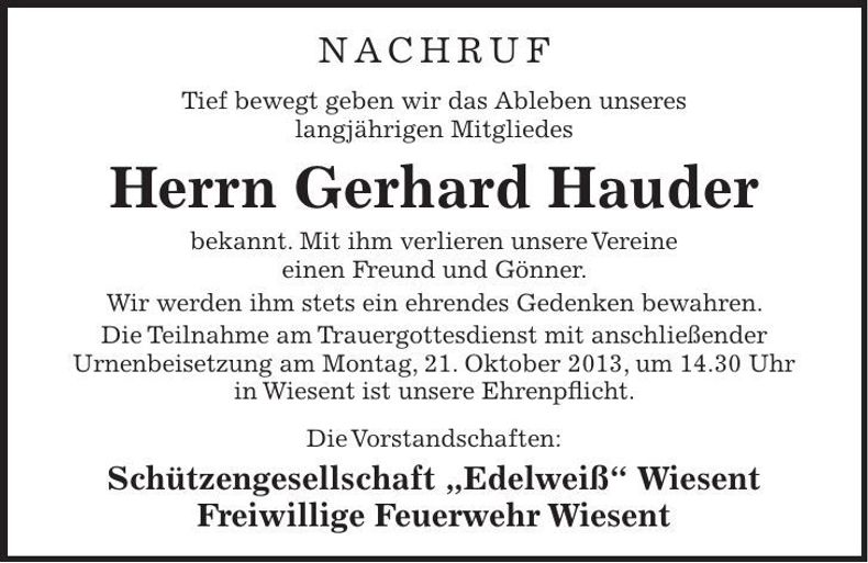 Traueranzeige Gerhard Hauder