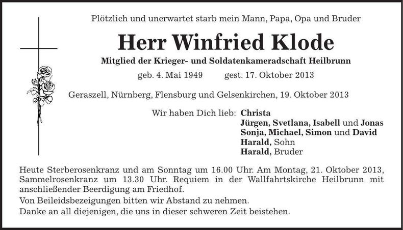 Traueranzeige Winfried Klode